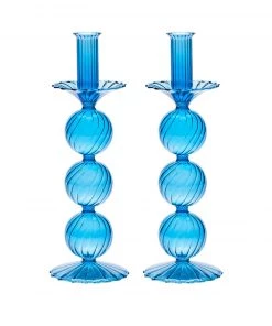 Kim Seybert, Inc. Iris Tall Candle Holder In Blue, Set Of 2 In A Box