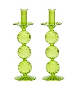 Kim Seybert Iris Tall Candle Holder In Green, Set Of 2 In A Box