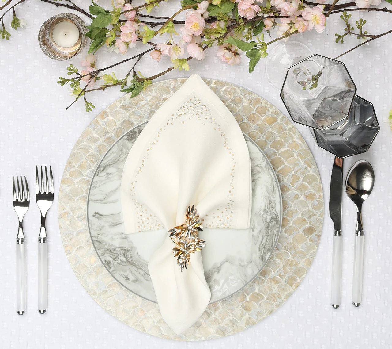 Kim Seybert Pin Dot Napkin In White & Gold & Silver, Set Of 4 Napkins