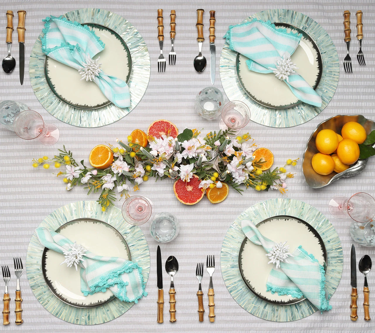 Kim Seybert Linea Napkin In White & Seafoam, Set Of 4