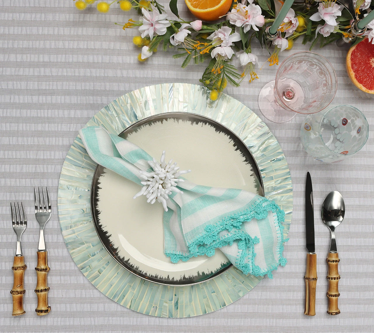 Kim Seybert Linea Napkin In White & Seafoam, Set Of 4