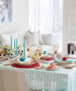 Kim Seybert Linea Tablecloth In White & Seafoam Tablecloths