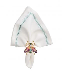 Kim Seybert Herringbone Napkin In White, Seafoam & Gold, Set Of 4 Napkins