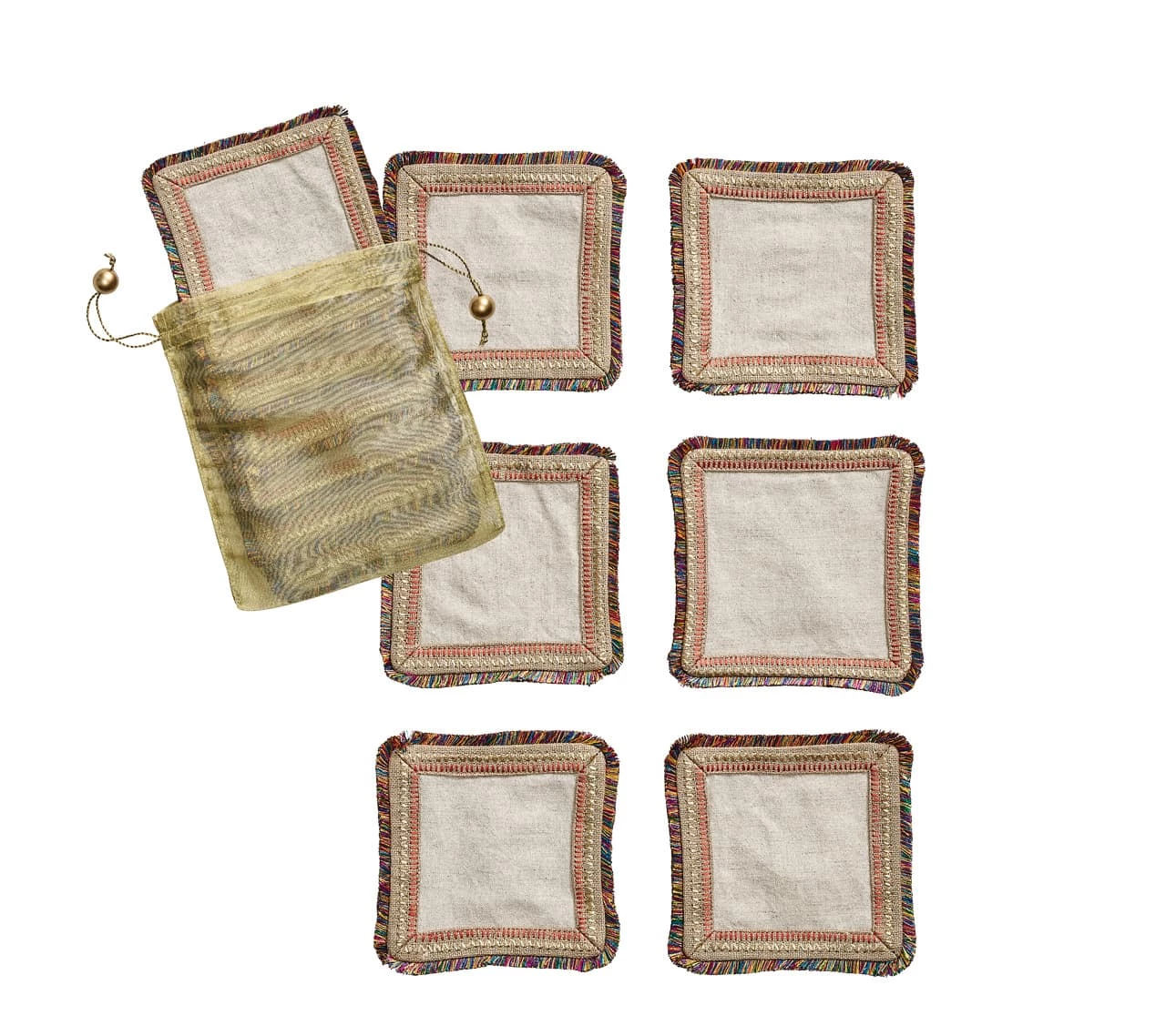 Kim Seybert Spectrum Linen Cocktail Napkins In Natural & Multi , Set Of 6 In A Gift Bag