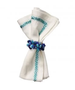 Kim Seybert Jardin Napkin In White & Turquoise, Set Of 4