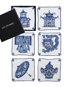 Kim Seybert Dinnerware/Barware Indochine Cocktail Napkins In White & Blue, Set Of 6 In A Gift Box