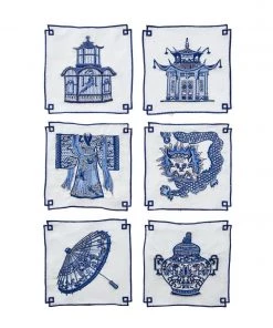 Kim Seybert Dinnerware/Barware Indochine Cocktail Napkins In White & Blue, Set Of 6 In A Gift Box