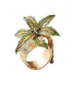 Kim Seybert Palm Coast Napkin Ring In Green & Gold, Set Of 4 In A Gift Box Napkin Rings