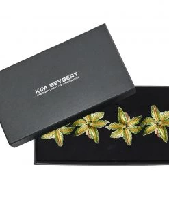 Kim Seybert Palm Coast Napkin Ring In Green & Gold, Set Of 4 In A Gift Box Napkin Rings