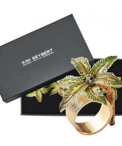 Kim Seybert Palm Coast Napkin Ring In Green & Gold, Set Of 4 In A Gift Box Napkin Rings