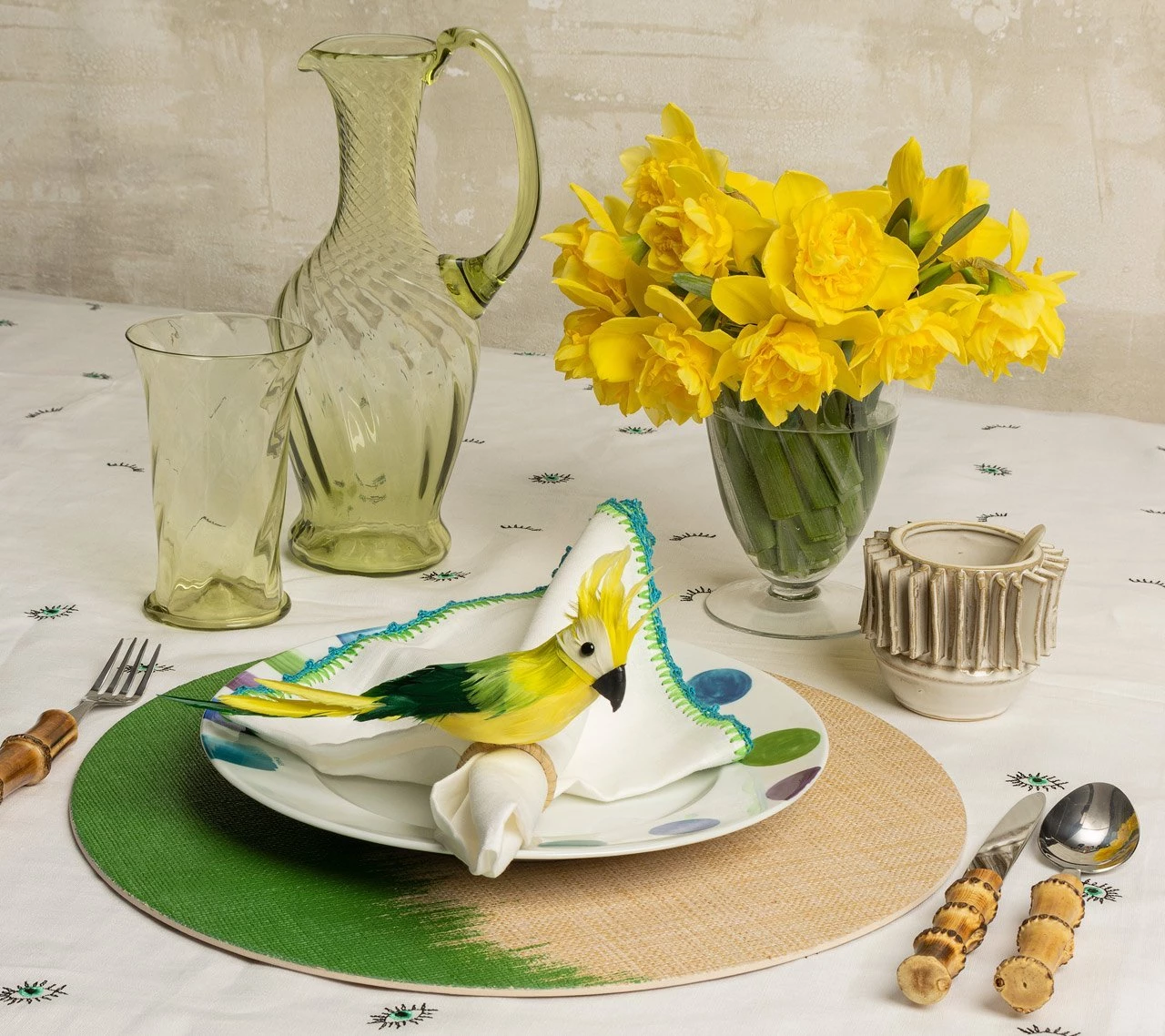 Kim Seybert Bohemia Tablecloth In White & Seafoam Tablecloths