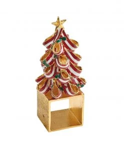 Kim Seybert Holiday Tree Napkin Ring In Red, Green & Gold, Set Of 4 In A Gift Box Napkin Rings