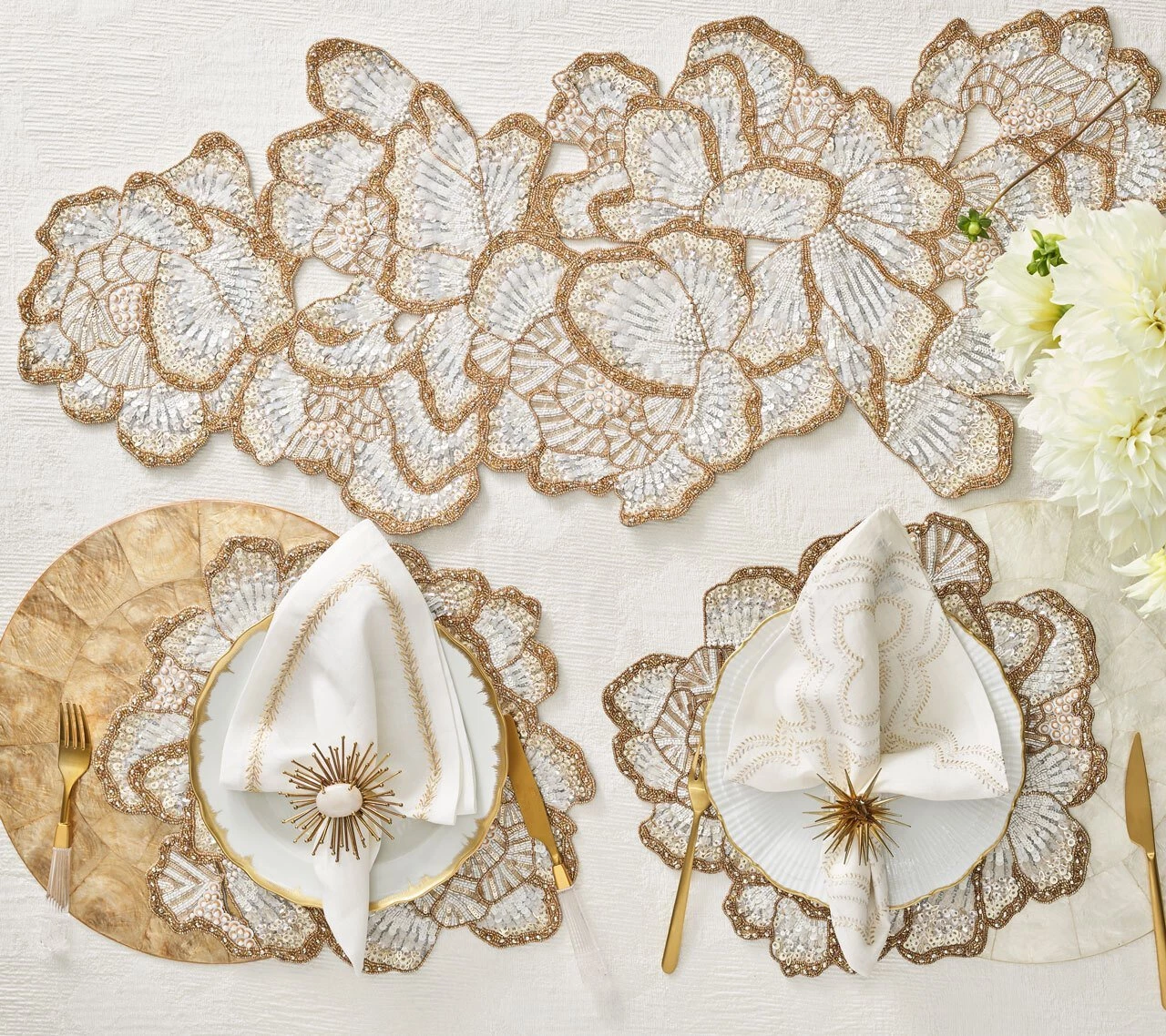 Kim Seybert Table Runners Botanica Table Runner In White, Gold, & Silver